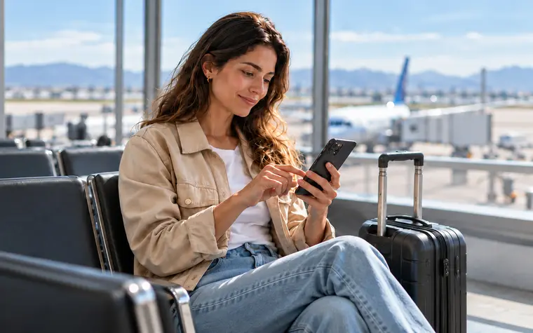 Viajera organizando su próximo trayecto desde un aeropuerto